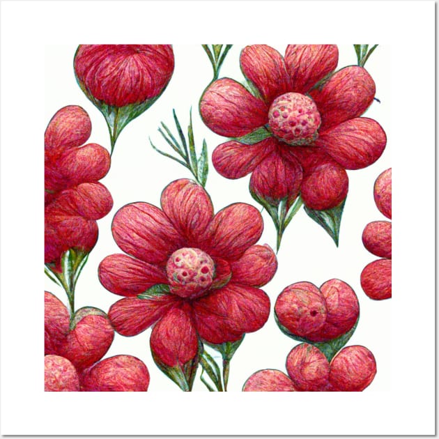 Puffy red and pink 3D flowers in a pattern with green stems on a white background. Wall Art by Liana Campbell